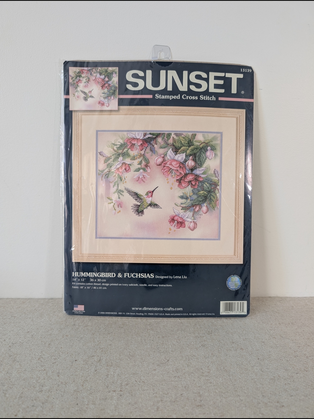SUNSET Hummingbird & Fuchsias Stamped Cross Stitch Kit #13139 14 x 12 Lena Liu